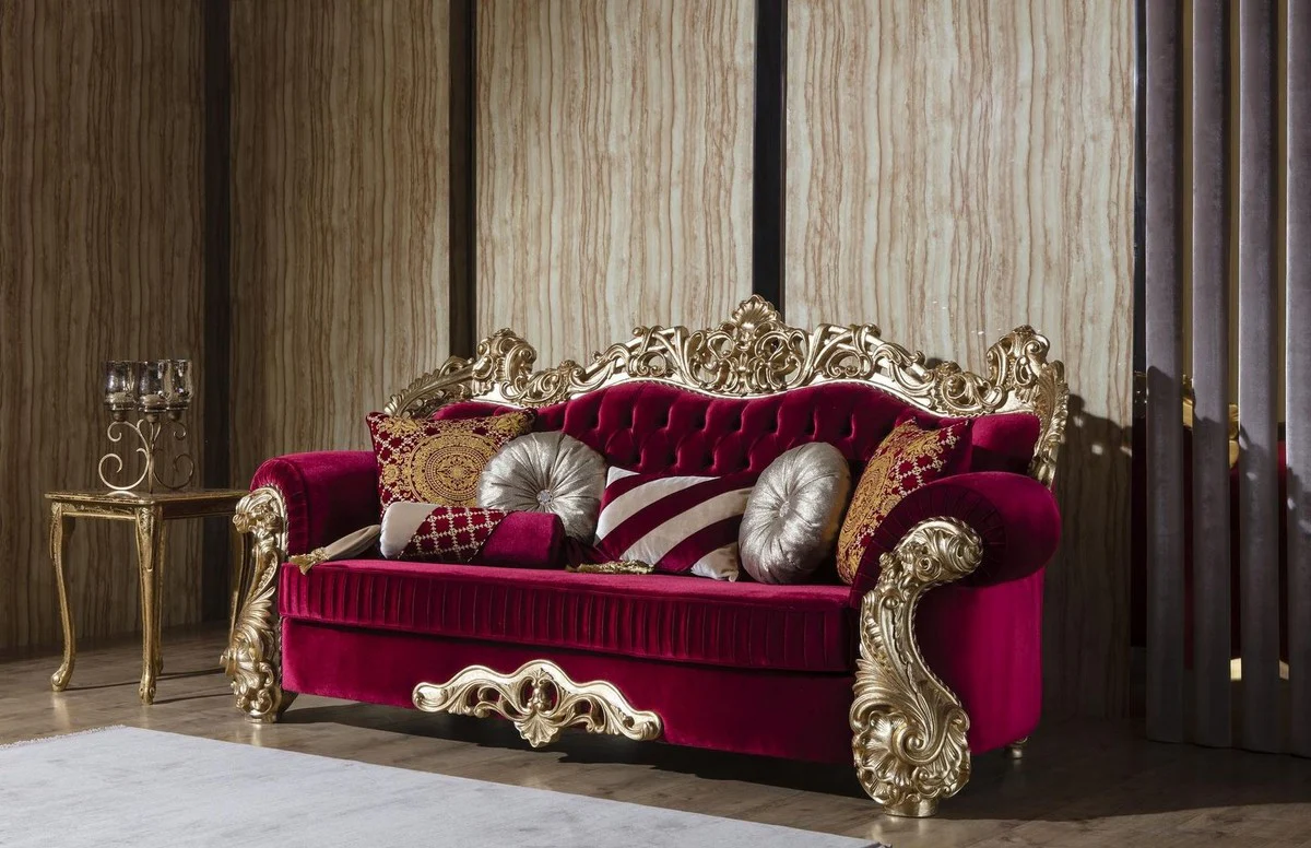 Luxury Baroque sofa Bordeaux red / gold 244 x 95 x H. 123 cm - Magnificent living room sofa with decorative pillows - Baroque living room furniture