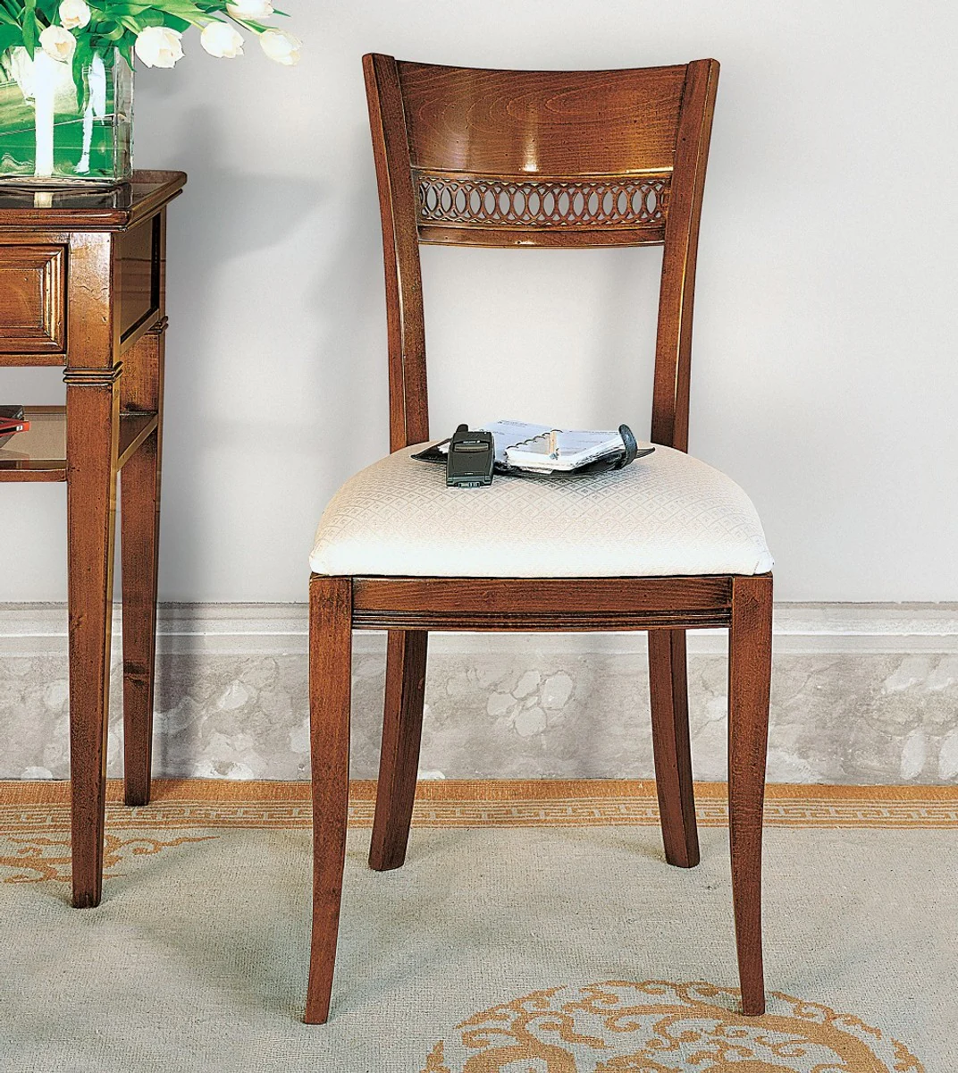 Luxury Biedermeier Dining Room Chair Set White / Gold / Brown - Handmade Kitchen Chairs Set of 6 - Biedermeier Dining Room Furniture - Luxury Quality - Made in Italy