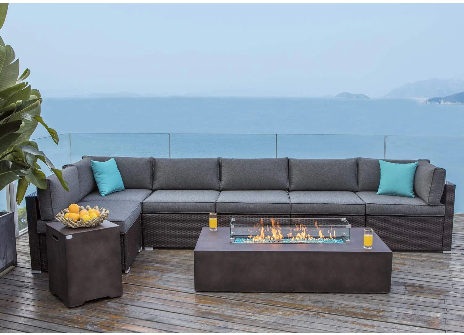 COSIEST 8 Piece Outdoor Wicker Sectional Sofa w Fire Pit Tisch,Chocolate Brown Patio Furniture Set mit 56 x 28 Zoll Rechteck Bronze Feuertisch (50.000 BTU) und Tank Outside(20lb) für Garten