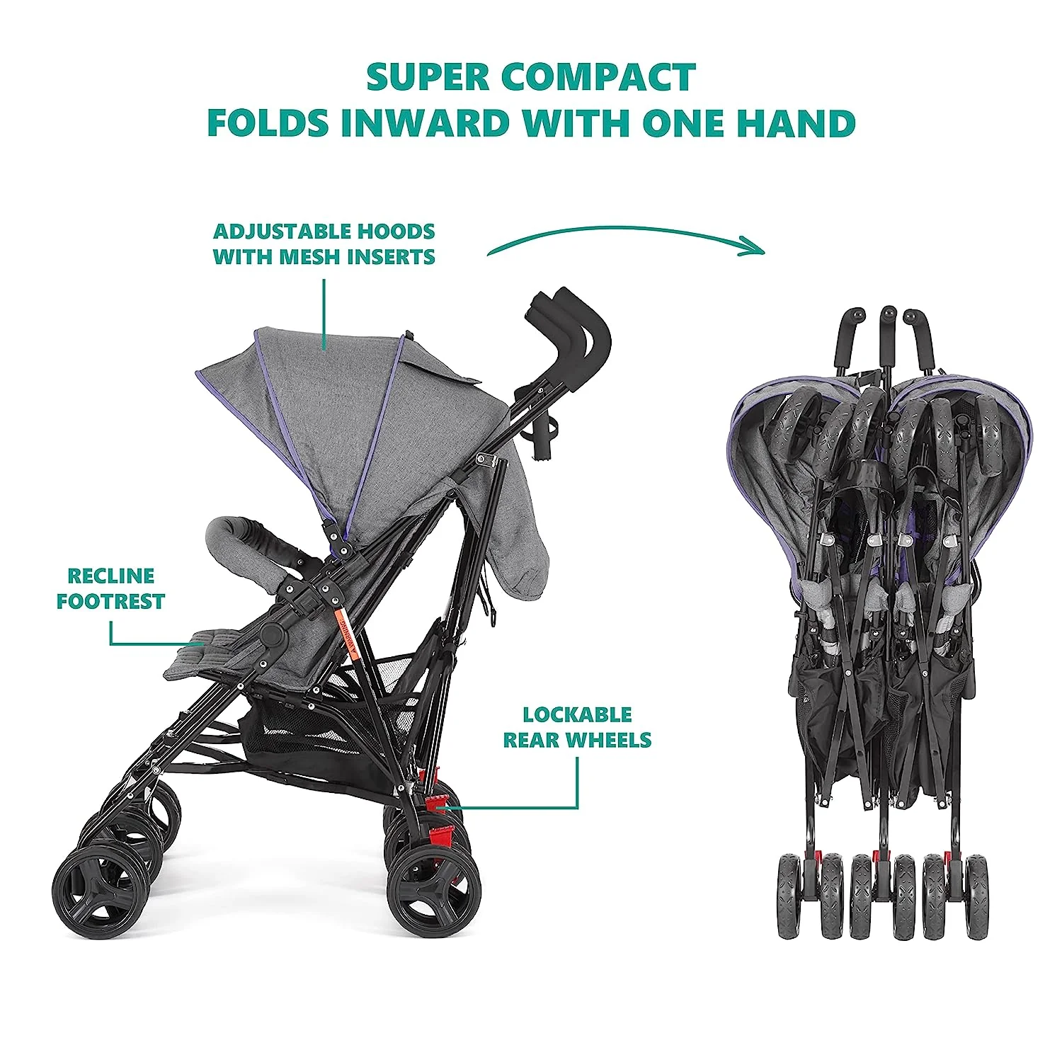 Zwillings-Regenschirm-Kinderwagen in Mint, leichter Doppel-Kinderwagen für Säuglinge und Kleinkinder, kompakt, einfach zusammenklappbar, großer Aufbewahrungskorb, großes und verstellbares Verdeck