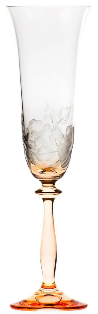 Luxury Baroque Champagne Glass Set of 6 Orange Ø 7 x H. 24.5 cm - Handmade and hand-engraved champagne glasses with flower design - Hotel & Restaurant Accessories