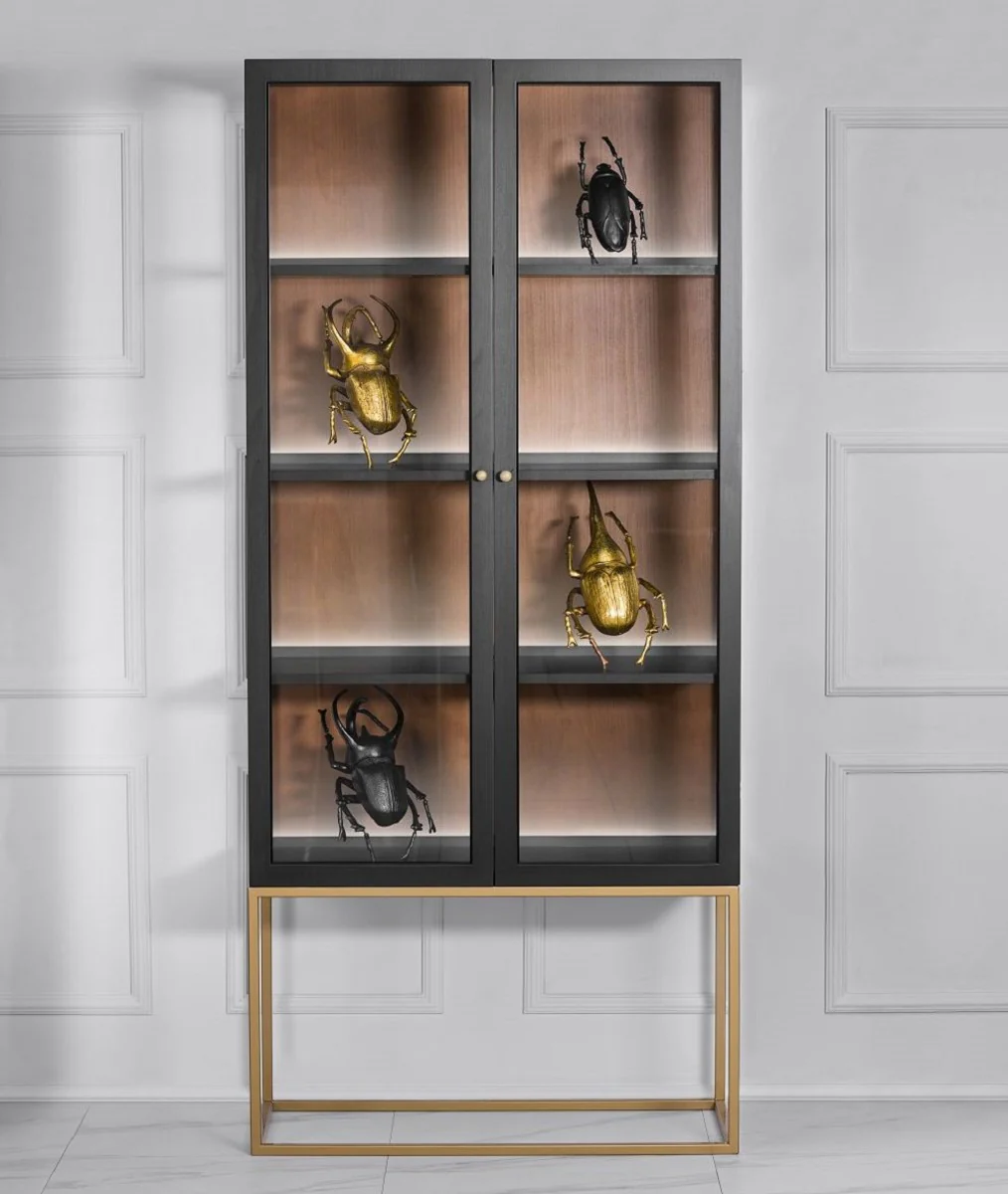 Luxury display cabinet with LED lighting matt black / brass / matt cognac 90 x 40 x H. 200 cm - illuminated solid wood display cabinet with 2 glass doors - living room furniture - luxury furniture