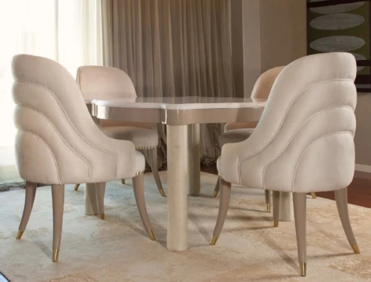 Luxury dining room set cream / taupe / gray / gold - 1 marble dining table & 4 dining chairs with elegant velvet fabric - Luxury dining room furniture - Luxury quality - Made in Italy