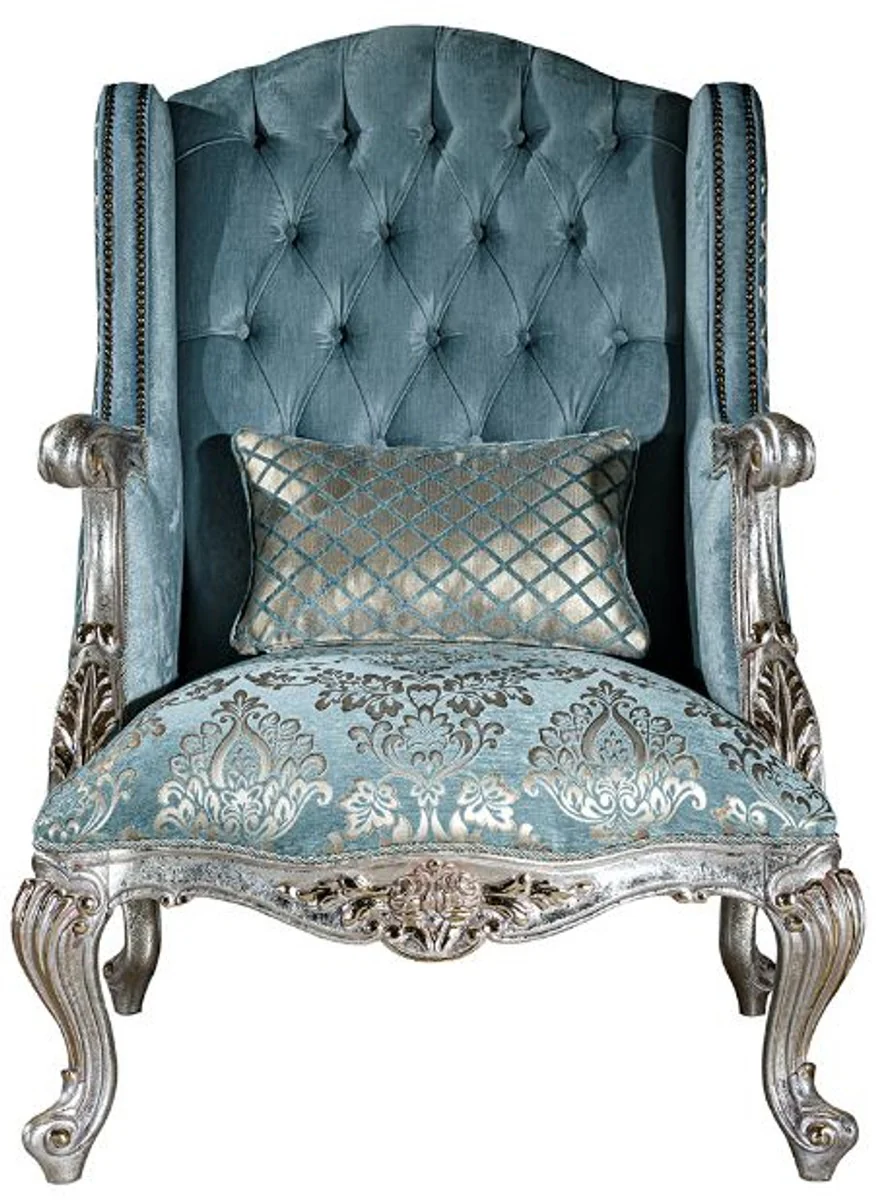 Luxury baroque living room set light blue / silver - 2 sofas & 2 armchairs & 1 coffee table - magnificent living room furniture in baroque style