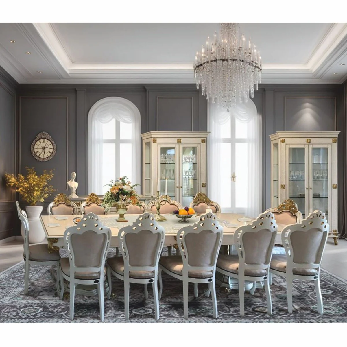 Luxury Baroque Dining Room Set Gray / White / Gold - 1 dining table and 12 chairs