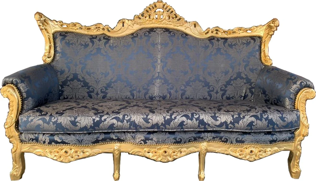 Baroque 3 Seater Sofa Master Blue Pattern / Gold - Living Room Couch Furniture Lounge