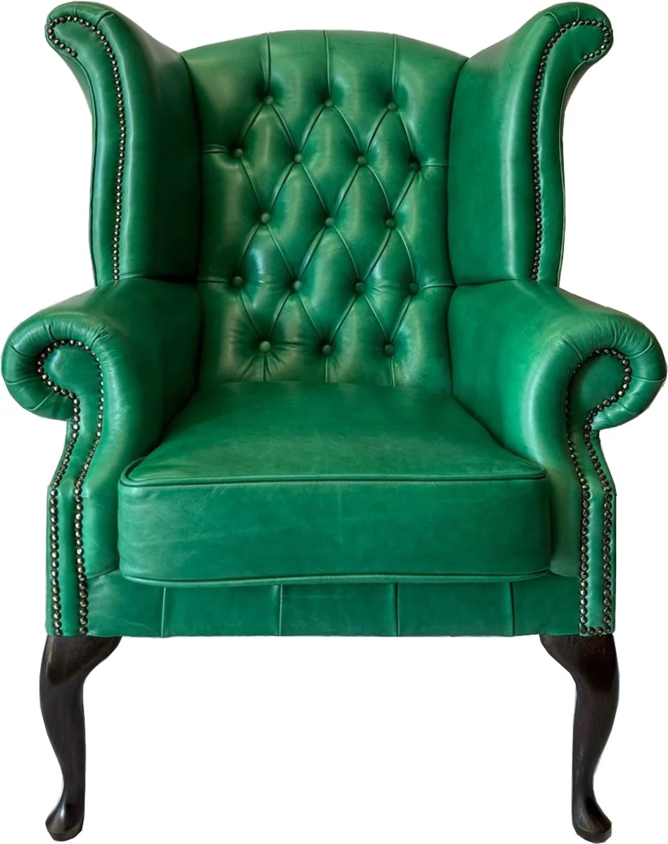 Luxury Chesterfield genuine leather wing chair green / dark brown H. 110 cm