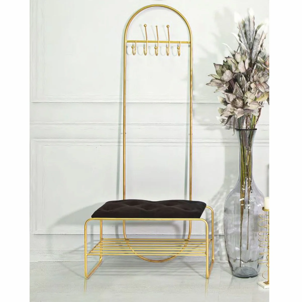 Luxury coat stand with bench gold / black H. 180 cm