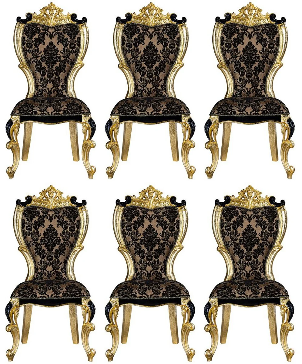 Luxury baroque dining room chair set with elegant pattern brown / black / gold 60 x 65 x H. 120 cm - kitchen chairs set of 6 in baroque style - baroque dining room furniture