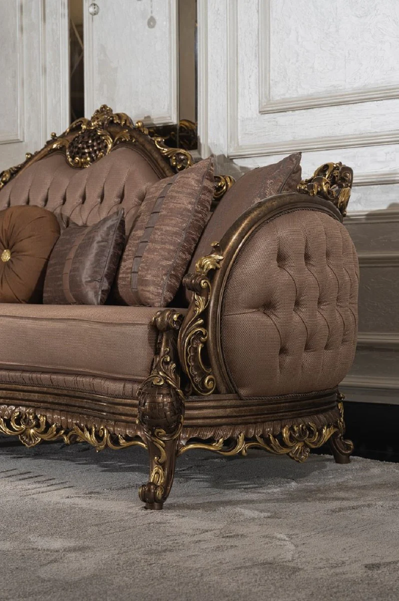 Luxury Baroque Living Room Sofa Gray / Brown / Gold - Handmade Baroque Style Sofa with Decorative Pillows - Luxury Living Room Furniture in Baroque Style - Baroque Furniture - Noble & Magnificent