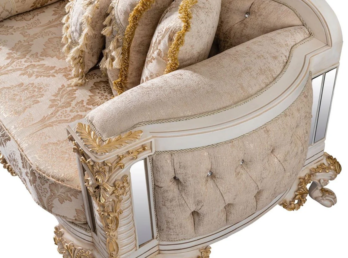 Luxury Baroque Sofa Beige / White / Gold - Magnificent Living Room Sofa with Glitter Stones - Baroque Style Living Room Furniture - Luxury Furniture in Baroque Style - Baroque Furnishings - Noble & Magnificent