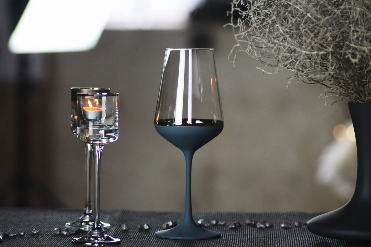 Luxury red wine glass set of 6 dark blue / silver Ø 8.5 x H. 24 cm - Handmade and hand-painted wine glasses - Hotel & Restaurant Accessories - Luxury quality