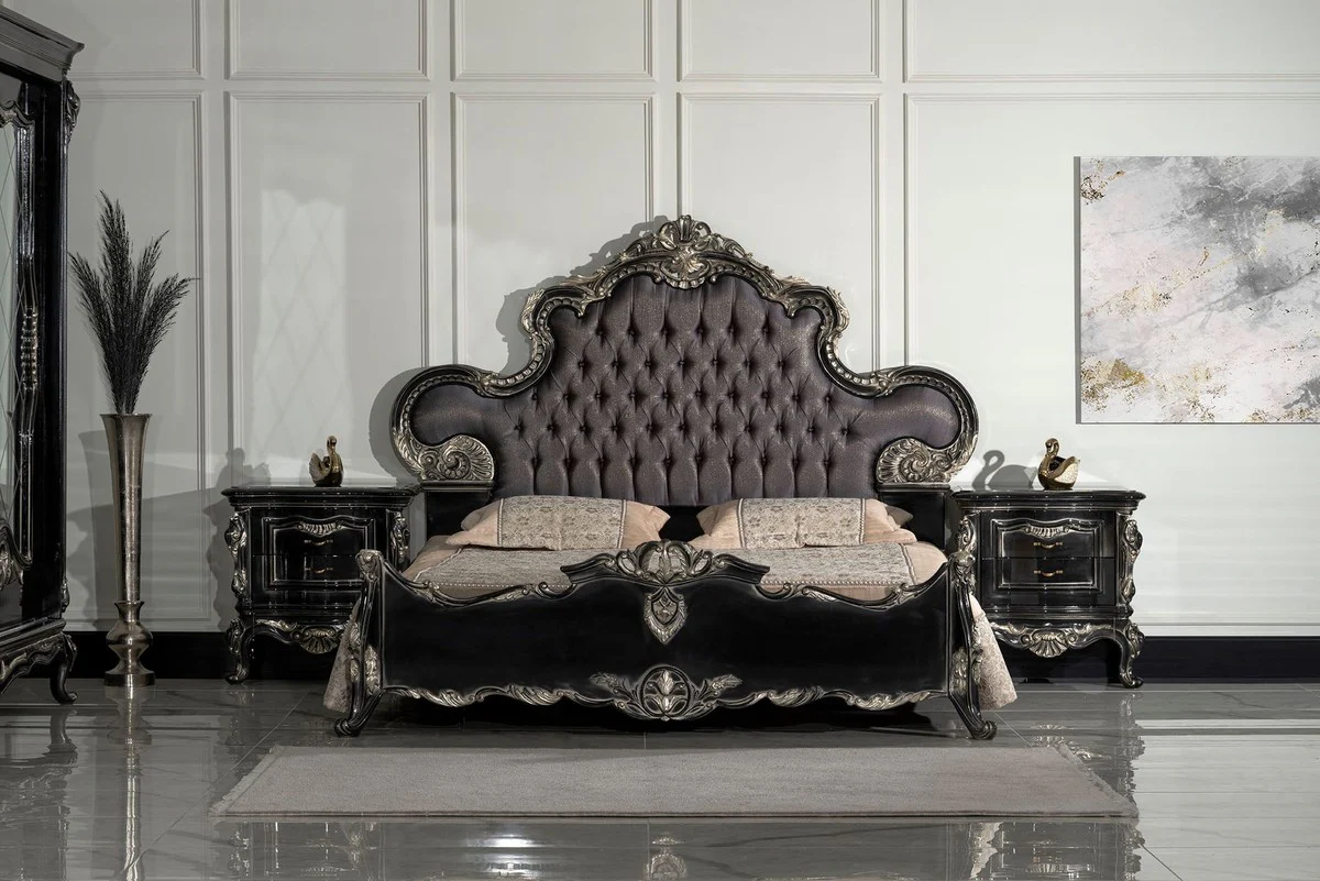 Luxury Baroque Double Bed Anthracite Gray / Black / Silver - Magnificent Solid Wood Bed - Luxury Bedroom Furniture in Baroque Style - Baroque Bedroom Furniture - Noble & Magnificent
