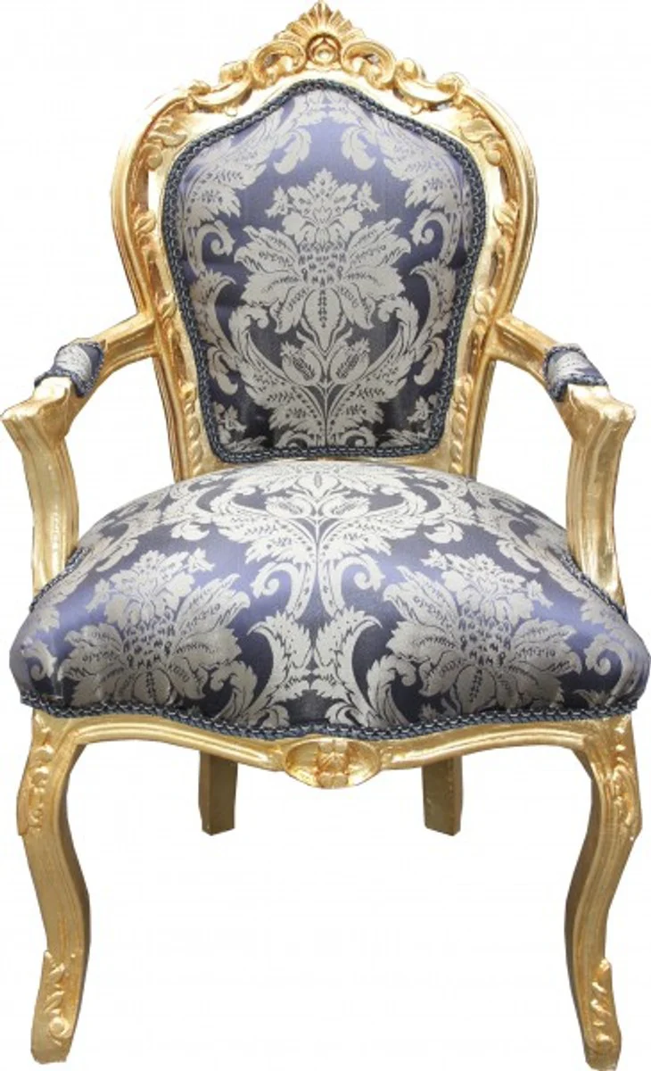Baroque dining room chair royal blue pattern / gold with armrests - furniture