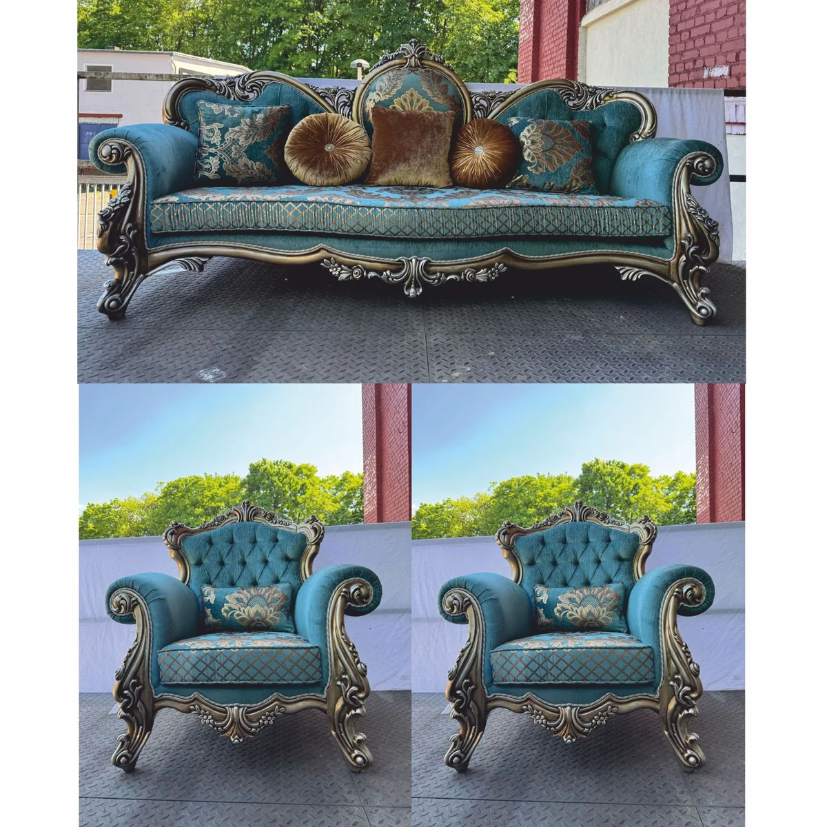 Luxus Barock Wohnzimmer Set Türkis / Silber - Barockstil Möbel