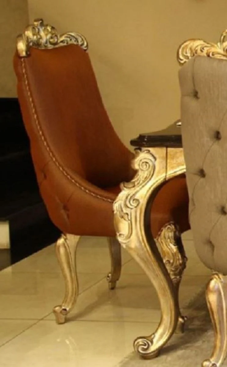 Luxury baroque dining room chair brown / gold - handmade solid wood kitchen chair with elegant genuine leather - dining room furniture in baroque style