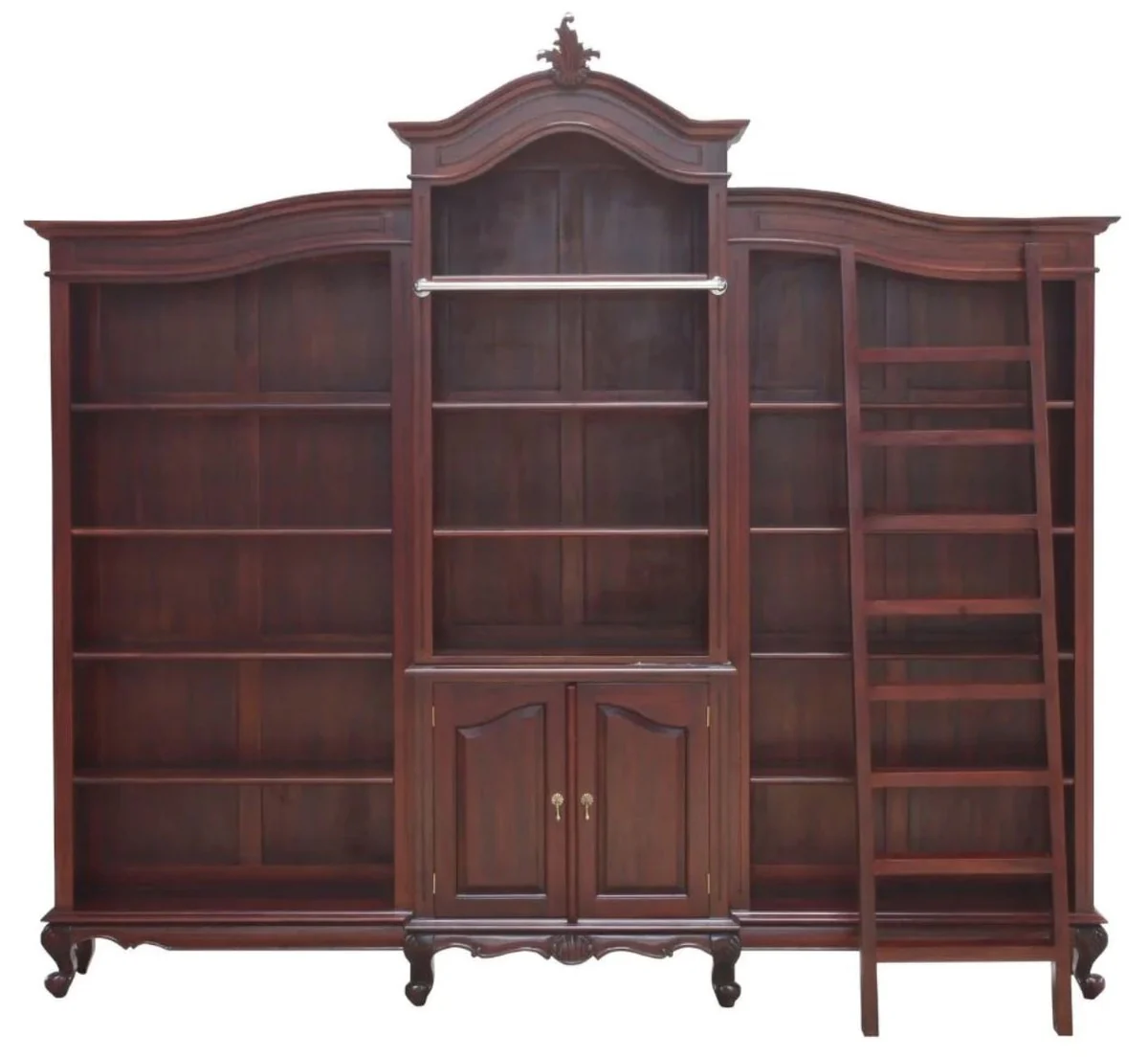 Luxury Baroque Mahogany Bookcase Dark Brown 280 x 47 x H. 245 cm - Magnificent Baroque Style Cabinet with Ladder - Baroque Office Furniture - Noble & Magnificent