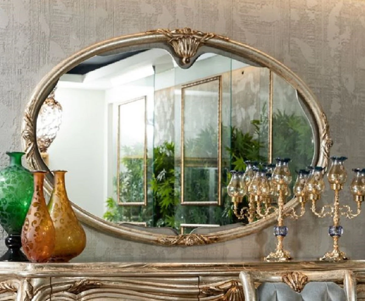 Luxury Baroque Mirror Silver / Gold - Oval Solid Wood Wall Mirror in Baroque Style - Baroque Furniture