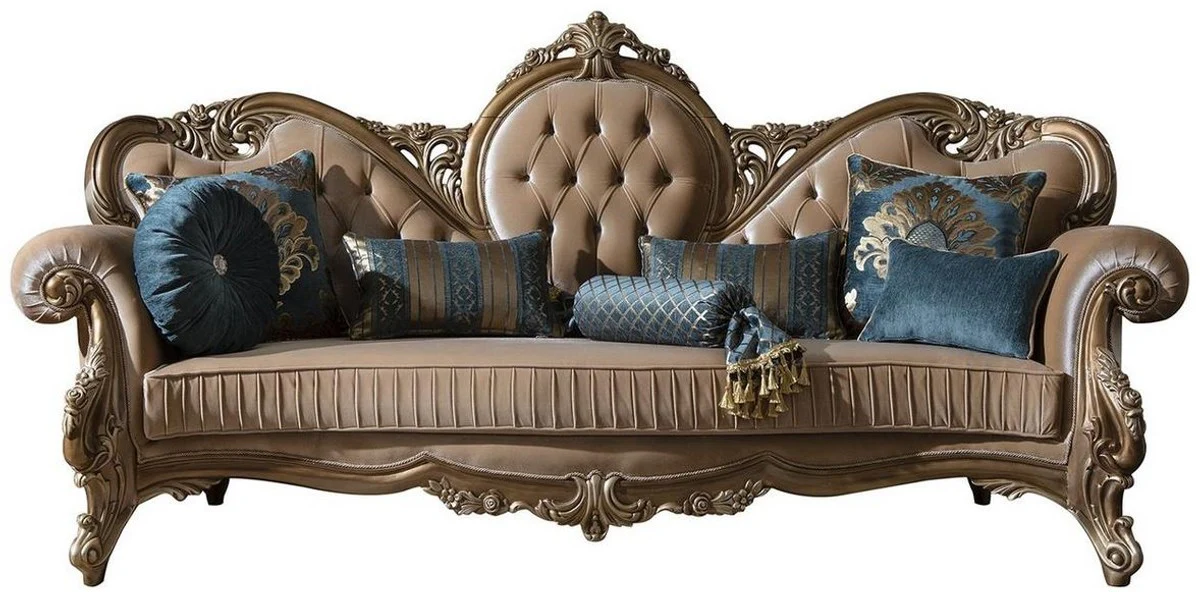 Luxury Baroque sofa brown / gold 260 x 90 x H. 125 cm - Magnificent living room sofa with decorative pillows - Baroque furniture