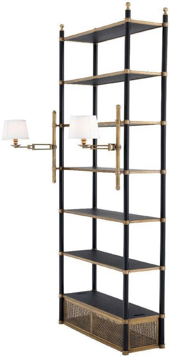 Luxury shelf cabinet with 2 swiveling lights vintage brass / black 105 x 44 x H. 250 cm - bookcase - living room cabinet - office cabinet - luxury furniture