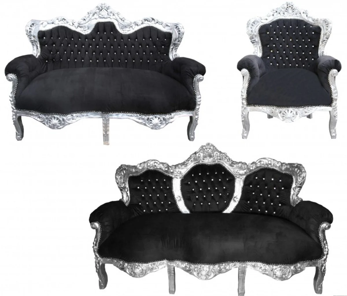 Barock Wohnzimmer Set King Schwarz / Silber - 3-er Sofa + 2-er Sofa + 1 Sessel
