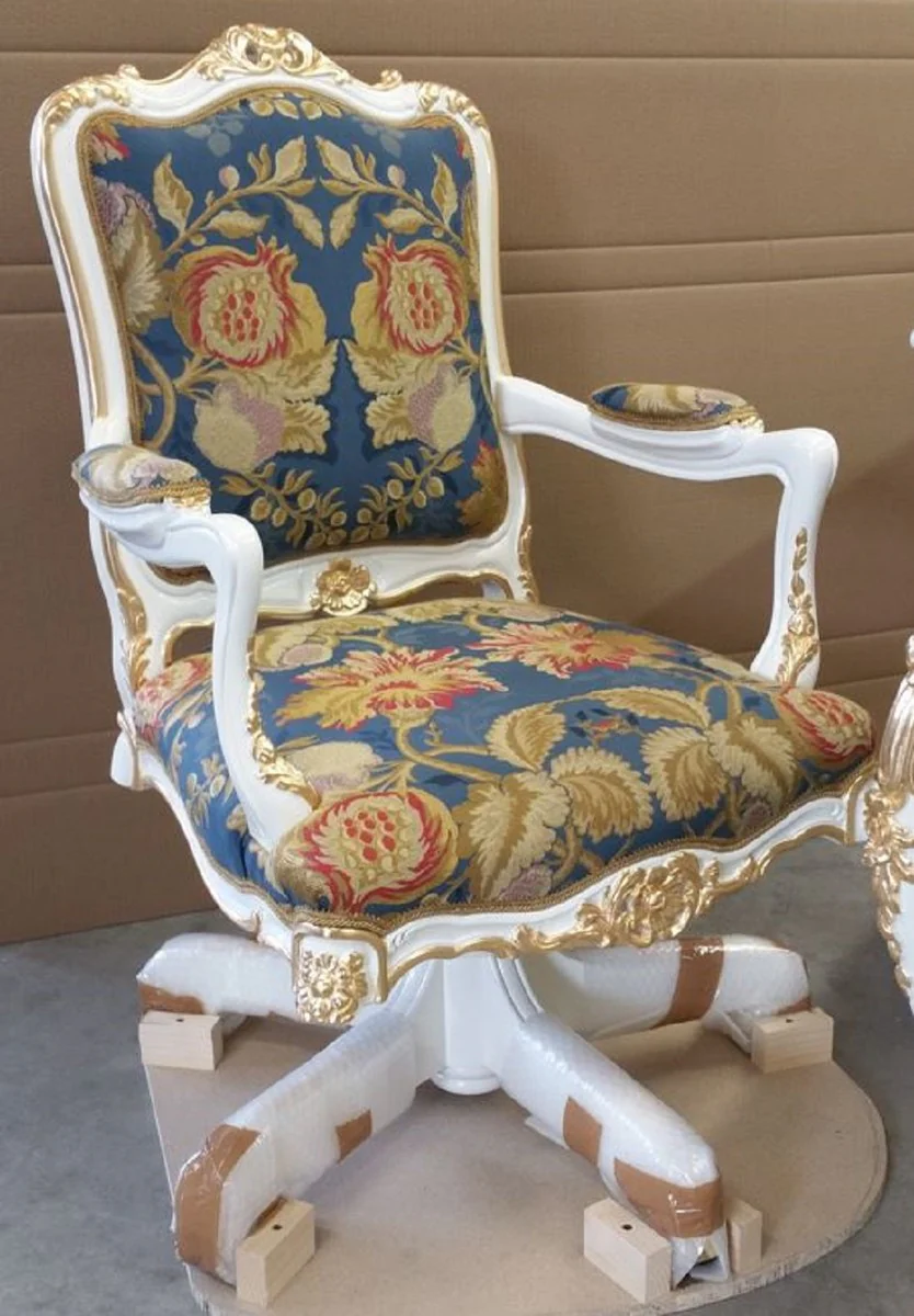 Luxury Baroque Office Chair Multicolored / White / Gold - Magnificent Handcrafted Solid Wood Desk Chair - Baroque Office Furniture - Luxury Quality - Made in Italy