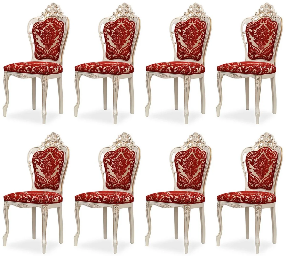 Luxury Baroque Dining Room Chair Set of 8 with Elegant Pattern Red / White / Beige / Gold - Baroque Style Kitchen Chairs - Magnificent Luxury Dining Room Furniture in Baroque Style - Noble & Magnificent