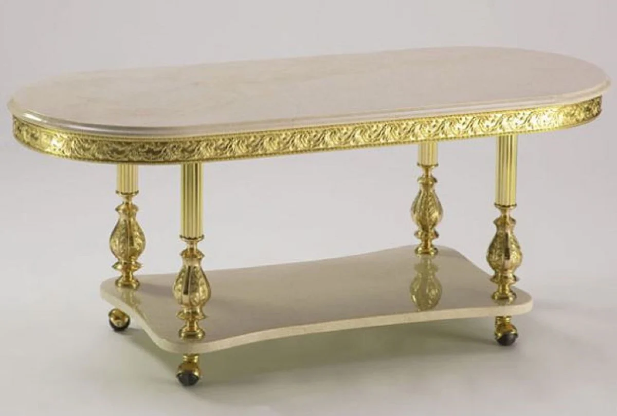 Luxury baroque coffee table cream / gold 120 x 50 x H. 43 cm - Oval baroque style living room table with marble tabletops and wheels - Baroque furniture - Luxury quality - Made in Italy