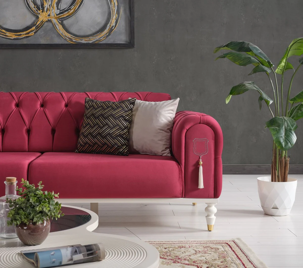 Luxury Chesterfield sofa bed red / white / gold 230 x 95 x H. 83 cm - Living room sofa with 3 cushions - Luxury living room furniture