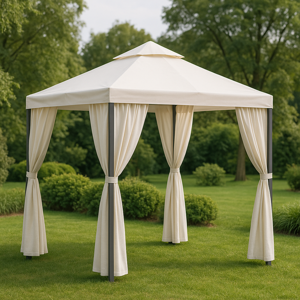 Quadratischer Gartenpavillon mit Vorhängen, 300 x 300 x 270 cm, beige, SPEiyGg412zr