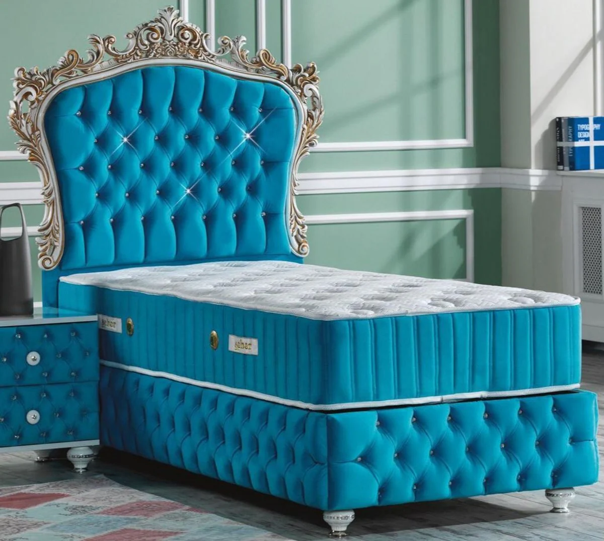 Baroque single bed turquoise / white / antique gold - magnificent velvet bed with rhinestones and mattress
