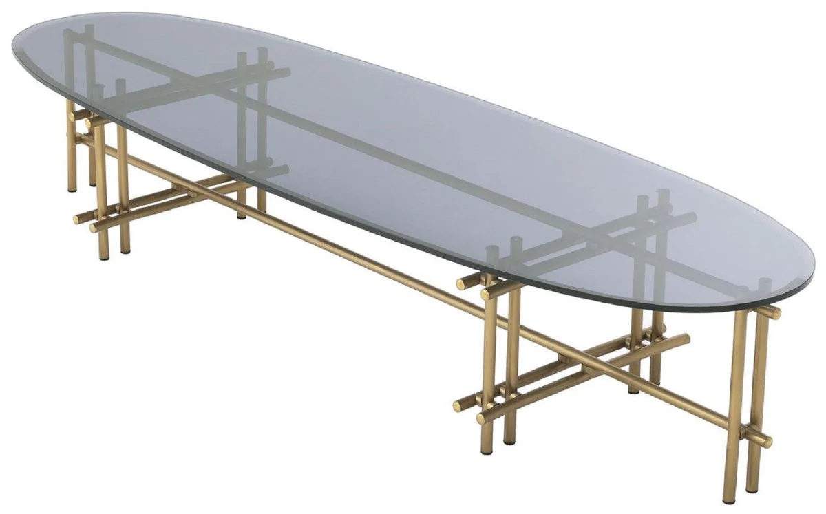 Luxury coffee table brass / gray 159 x 50 x H. 30 cm - stainless steel living room table with glass top - living room furniture - luxury quality