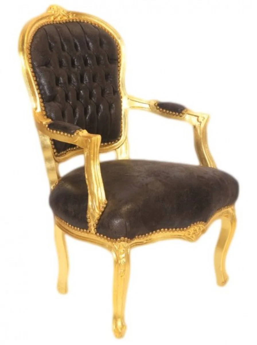 Baroque Salon Chair Brown Leather Look / Gold - Furniture Antique Style