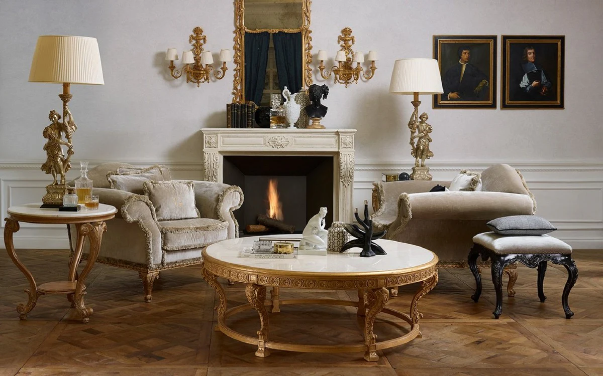 Luxury Baroque coffee table with marble top natural color / white - Round living room table in Baroque style - Baroque furniture - Baroque interior - Noble & magnificent - Luxury quality - Made in Italy