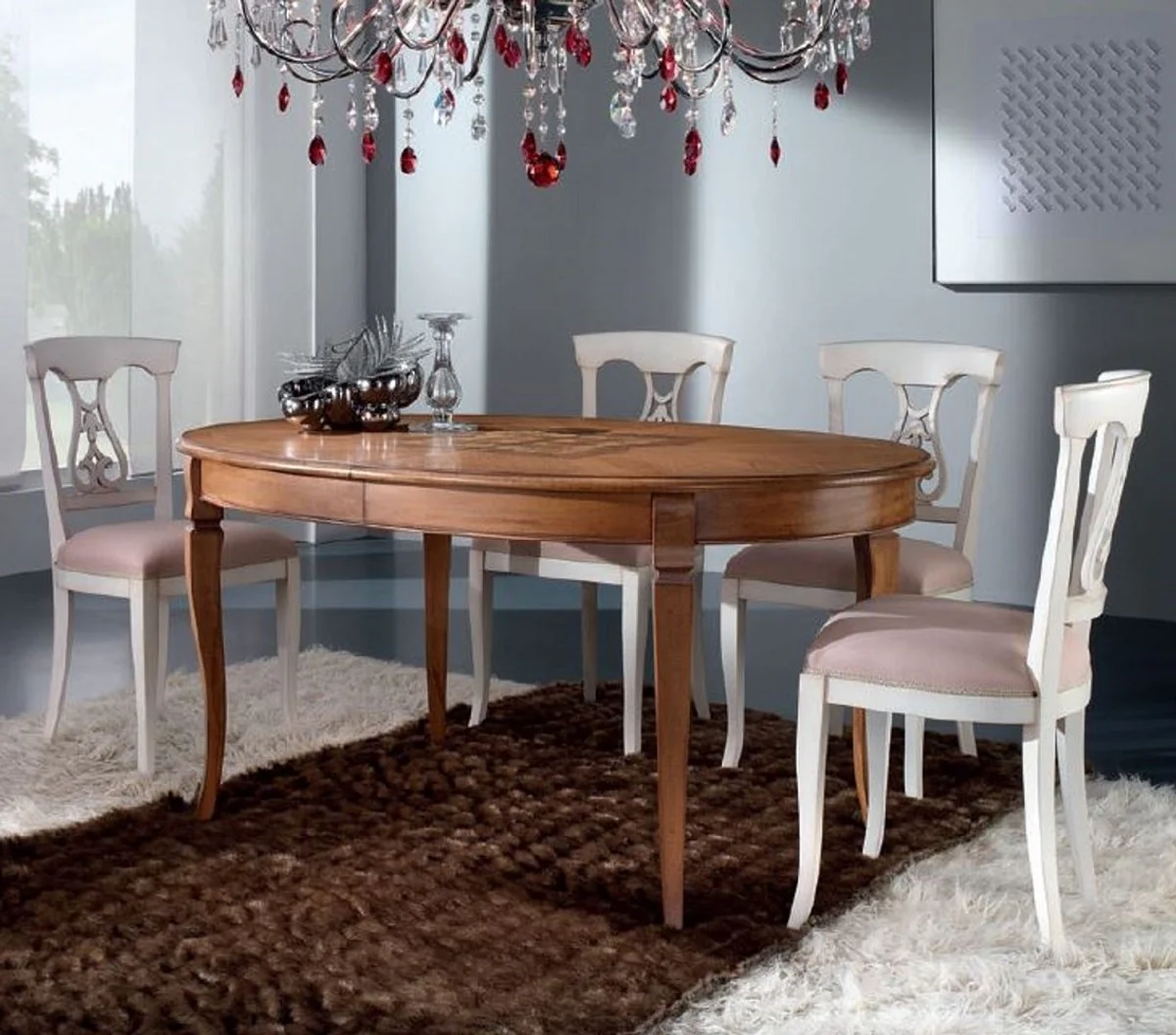 Luxury Biedermeier dining table brown inlaid - Oval extendable solid wood dining room table - Biedermeier dining room furniture - Luxury quality - Made in Italy