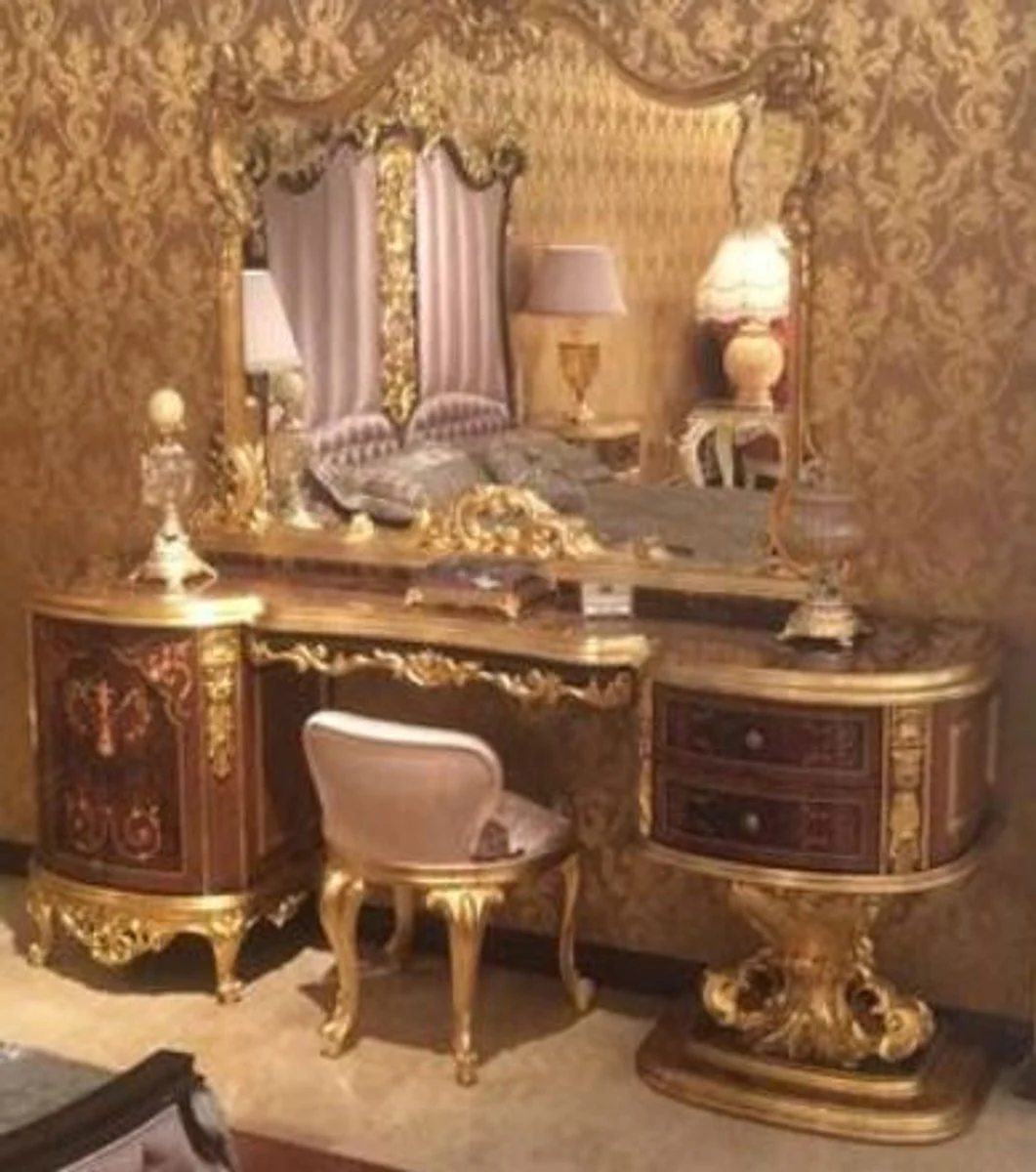 Luxury Baroque Bedroom Set Brown / Pink / Antique Gold - 1 Dressing Table & 1 Mirror & 1 Stool - Magnificent Bedroom Furniture in Baroque Style - Luxury Quality
