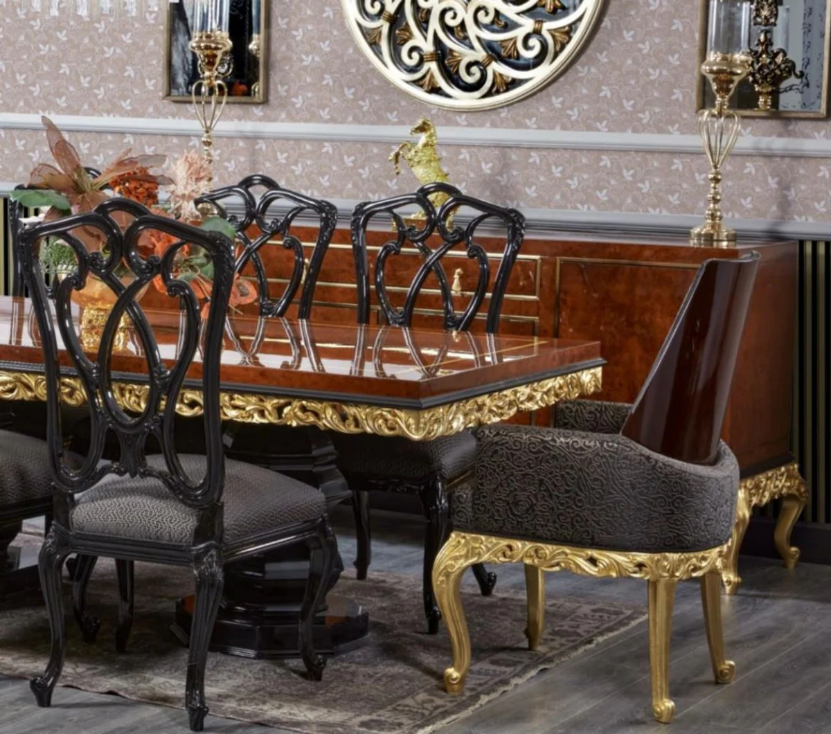 Luxury Baroque Dining Table Brown / Black / Gold - Handcrafted Solid Wood Dining Room Table - Luxury Dining Room Furniture in Baroque Style - Baroque Furniture - Baroque Furnishings