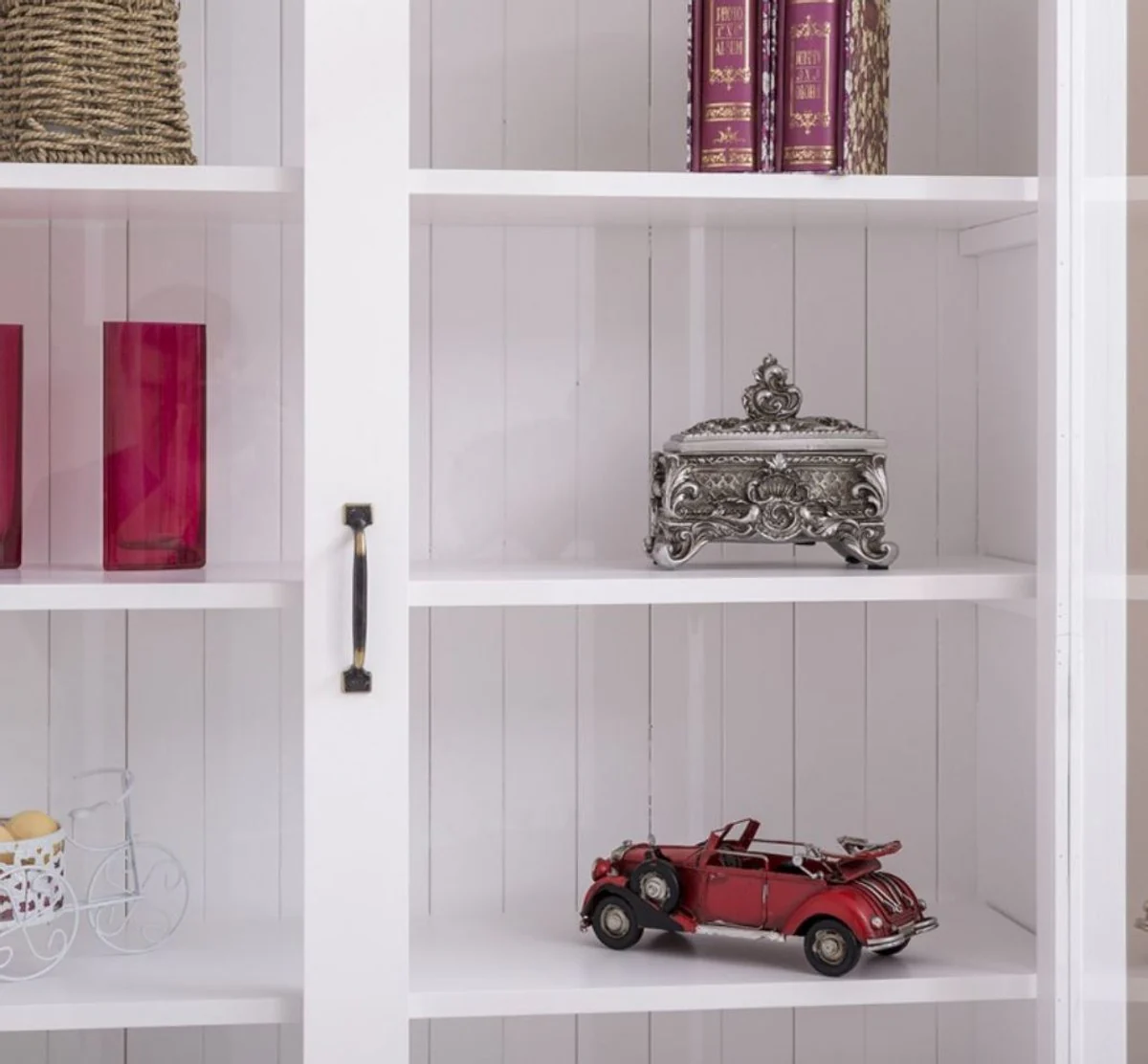 Country house style solid wood cabinet with 4 doors white 64 x 39 x H. 210 cm - shelf cabinet - living room cabinet - display cabinet - country house style furniture