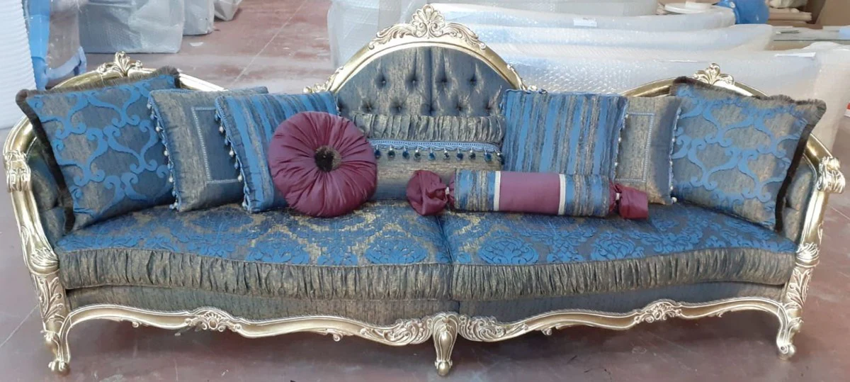 Luxury baroque sofa blue / gold 300 x 90 x H. 119 cm - magnificent living room sofa with elegant pattern - baroque furniture