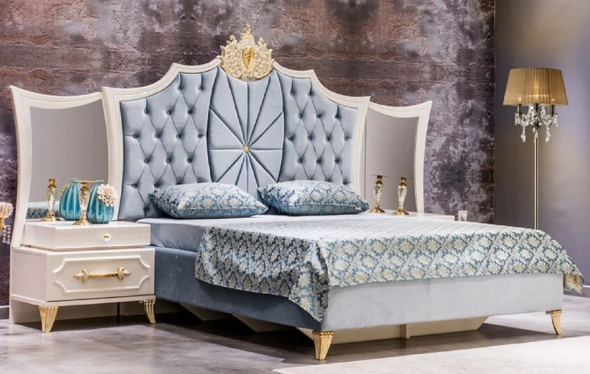 Luxury Baroque bedroom set blue / white / gold - 1 double bed with headboard & 2 bedside tables with mirror - Baroque bedroom furniture - noble & magnificent