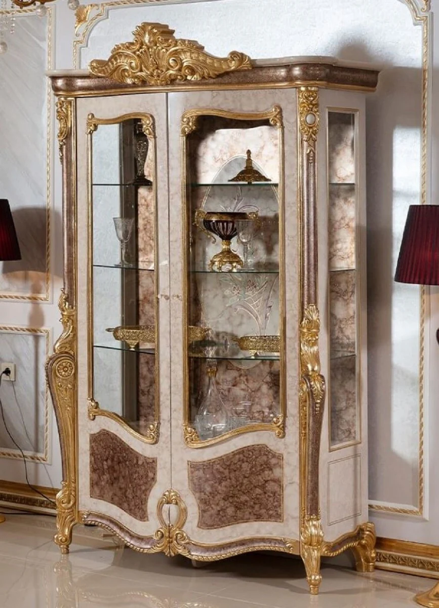 Luxury baroque display cabinet white / brown / gold - magnificent solid wood display cabinet with 2 glass doors and 3 glass shelves - baroque furniture - noble & magnificent