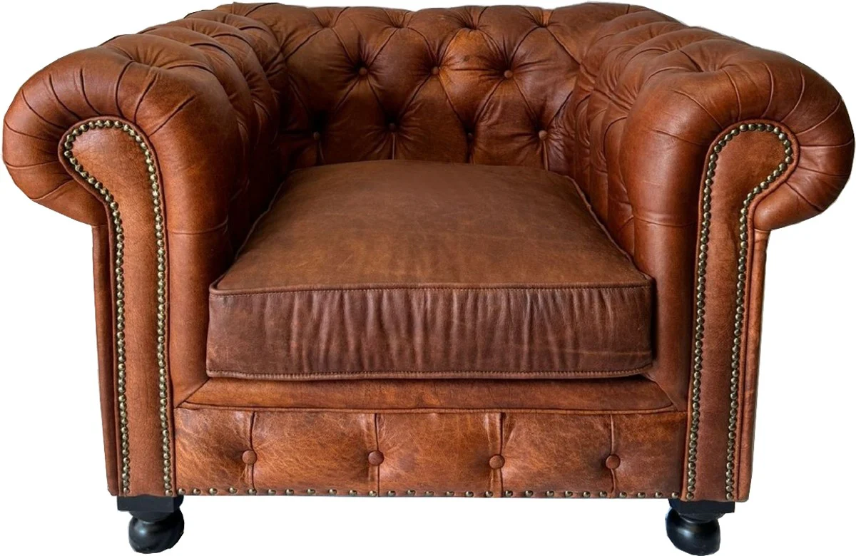 Luxury Chesterfield genuine leather armchair vintage brown / black H. 72 cm