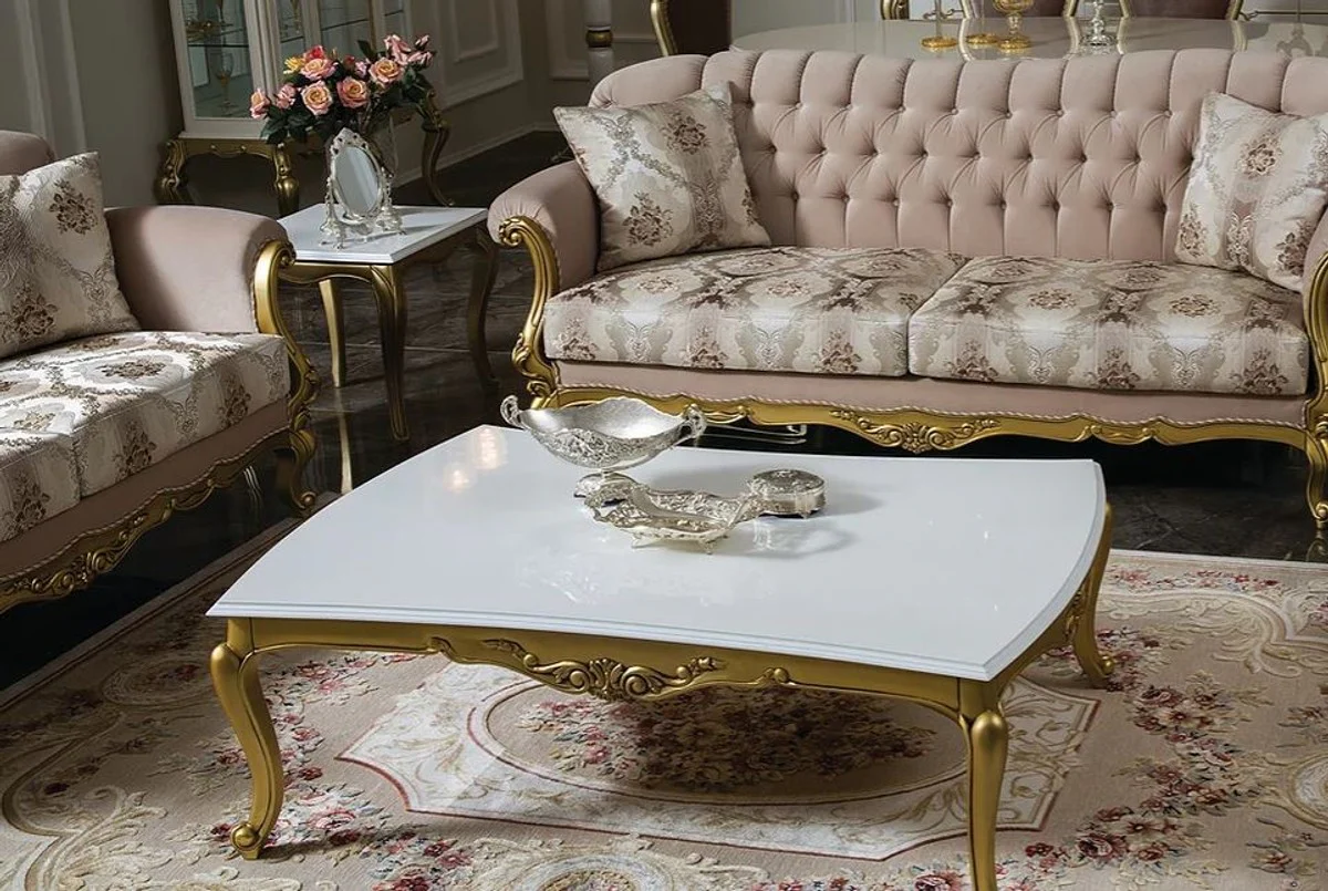Luxury baroque coffee table white / gold 137 x 90 x H. 46 cm - magnificent solid wood living room table in baroque style - baroque furniture