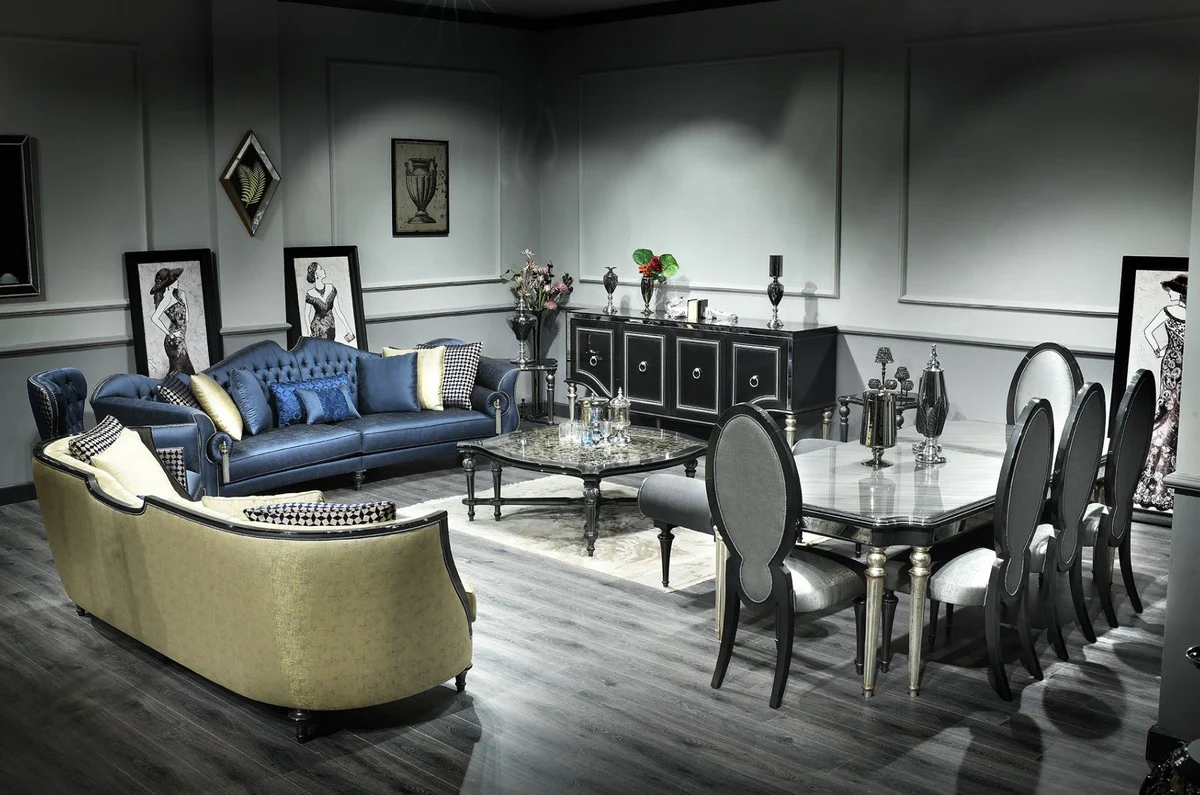 Luxury baroque living room sofa blue / silver / black 300 x 94 x H. 88 cm - noble & magnificent