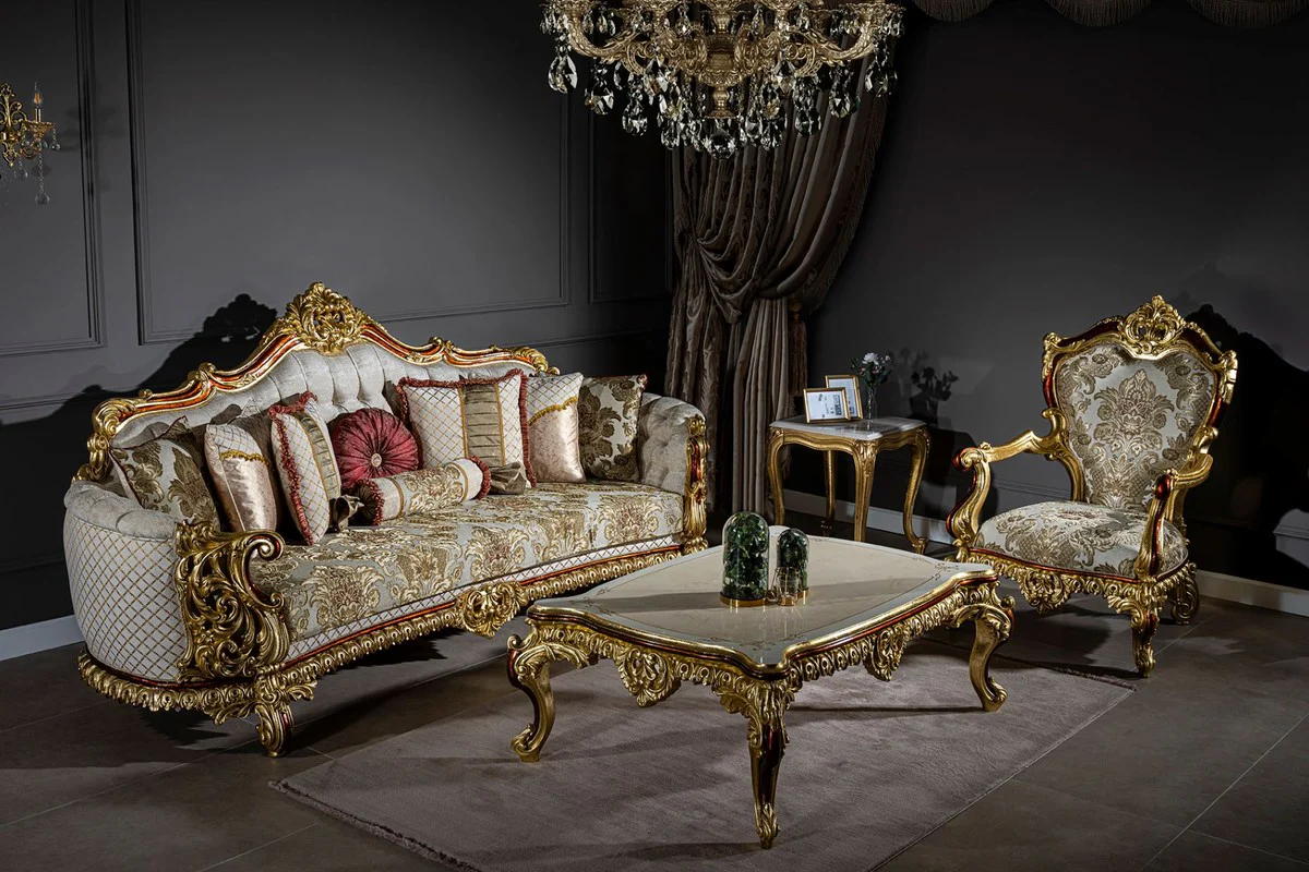 Luxury Baroque Living Room Set Gray / Red / Gold - 2 Sofas & 2 Armchairs & 1 Coffee Table - Living Room Furniture in Baroque Style - Noble & Magnificent