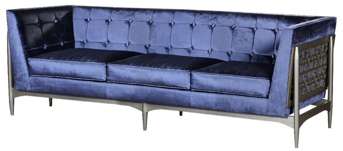 Luxury Art Deco 3-seater sofa blue / gray 250 x 76 x H. 83 cm - Elegant velvet sofa with mahogany frame - Art Deco living room furniture