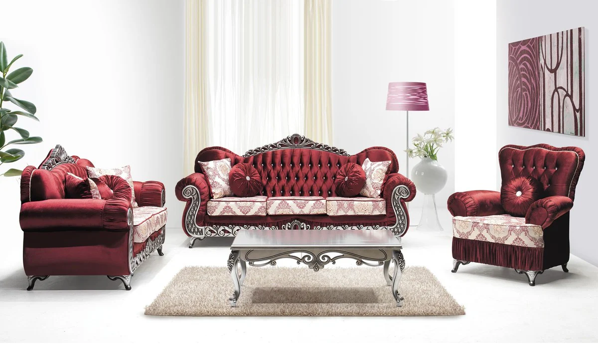 Luxury Baroque Sofa Bordeaux Red / Cream / Silver - Magnificent Living Room Sofa with Elegant Pattern and Glitter Stones - Living Room Furniture in Baroque Style - Baroque Furniture - Noble & Magnificent