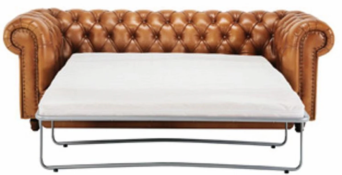 Luxury Chesterfield genuine leather sofa bed light brown / brown 220 cm - genuine leather furniture