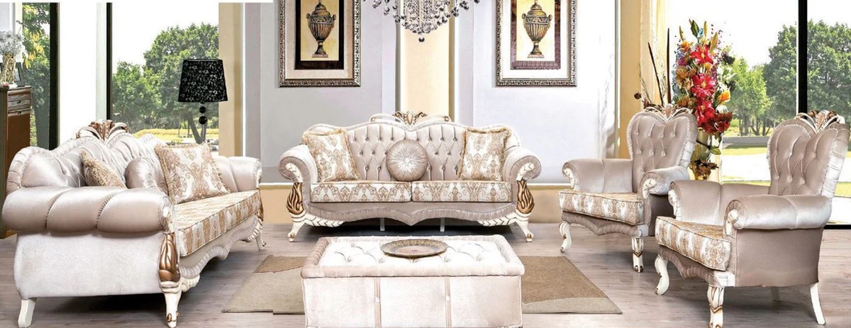 Luxus Barock Wohnzimmer Set Rosa / Weiß / Gold - 2 Sofas mit Muster & 2 Sessel mit Muster & 1 Couchtisch - Prunkvolle Barock Wohnzimmer Möbel