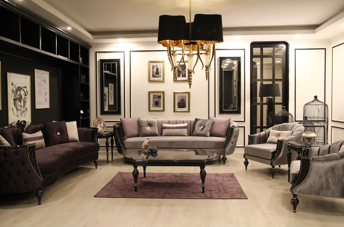 Luxury baroque coffee table gray / black / silver 140 x 85 x H. 50 cm - noble solid wood living room table with glass top - baroque style living room furniture